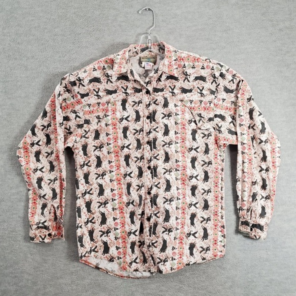 VINTAGE Rocky Mountain Women Top Small Black Buffalo Indian Graphic Western
